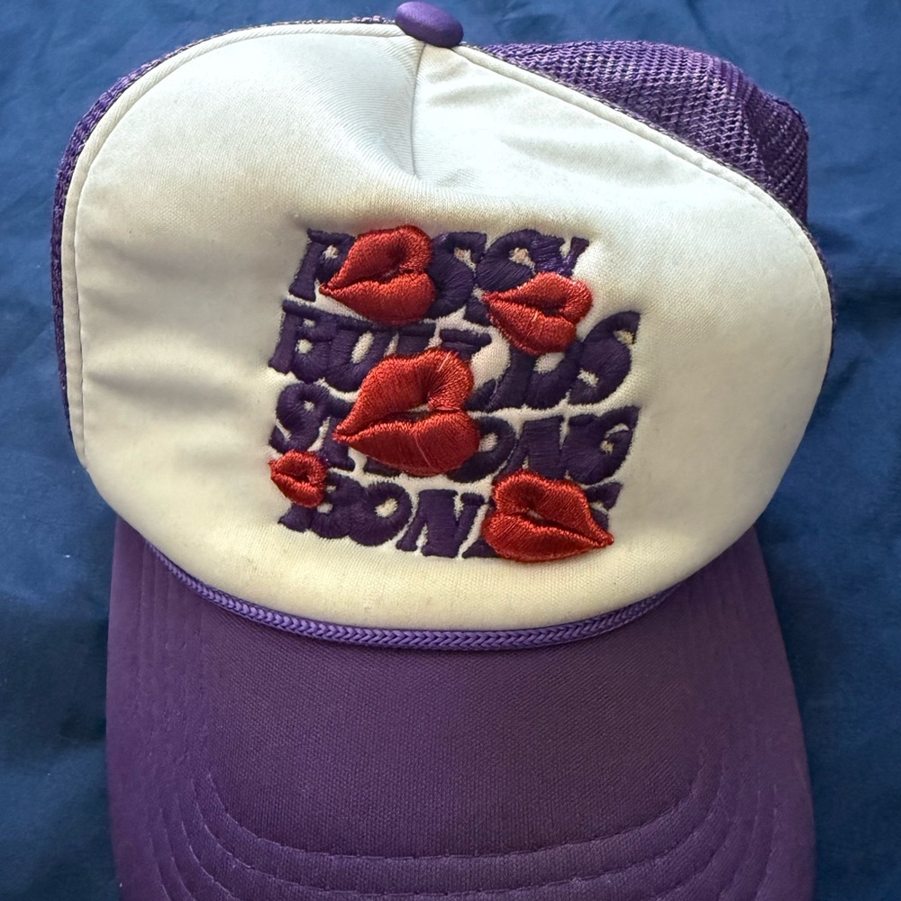 Purple and Cream La Ropa Trucker Hat (P**** Builds strong bones)